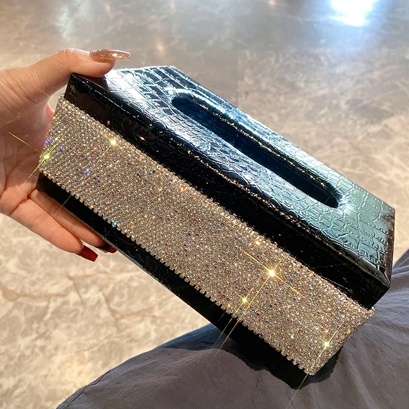 Luxury Rhinestone Tissue Box Desktop Napkin Holder Storage Container Kitchen Bathroom Tissue Boxes Rectangle Paper Towel Holder 6