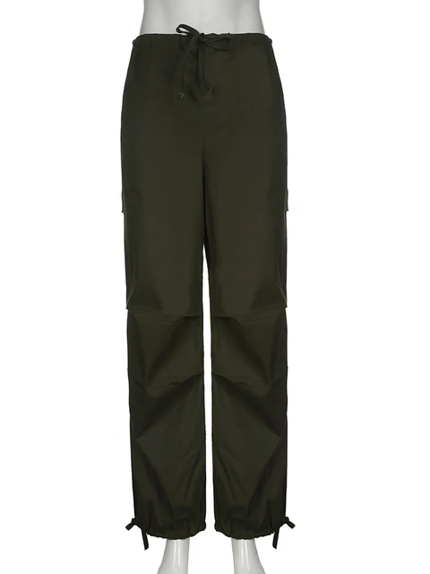 Weekeep Light Khaki Cargo Pants Streetwear 100% Cotton Big Pocket Patchwork Casual Pants Drawstring Low Waist Baggy Trouser Lady Army Green