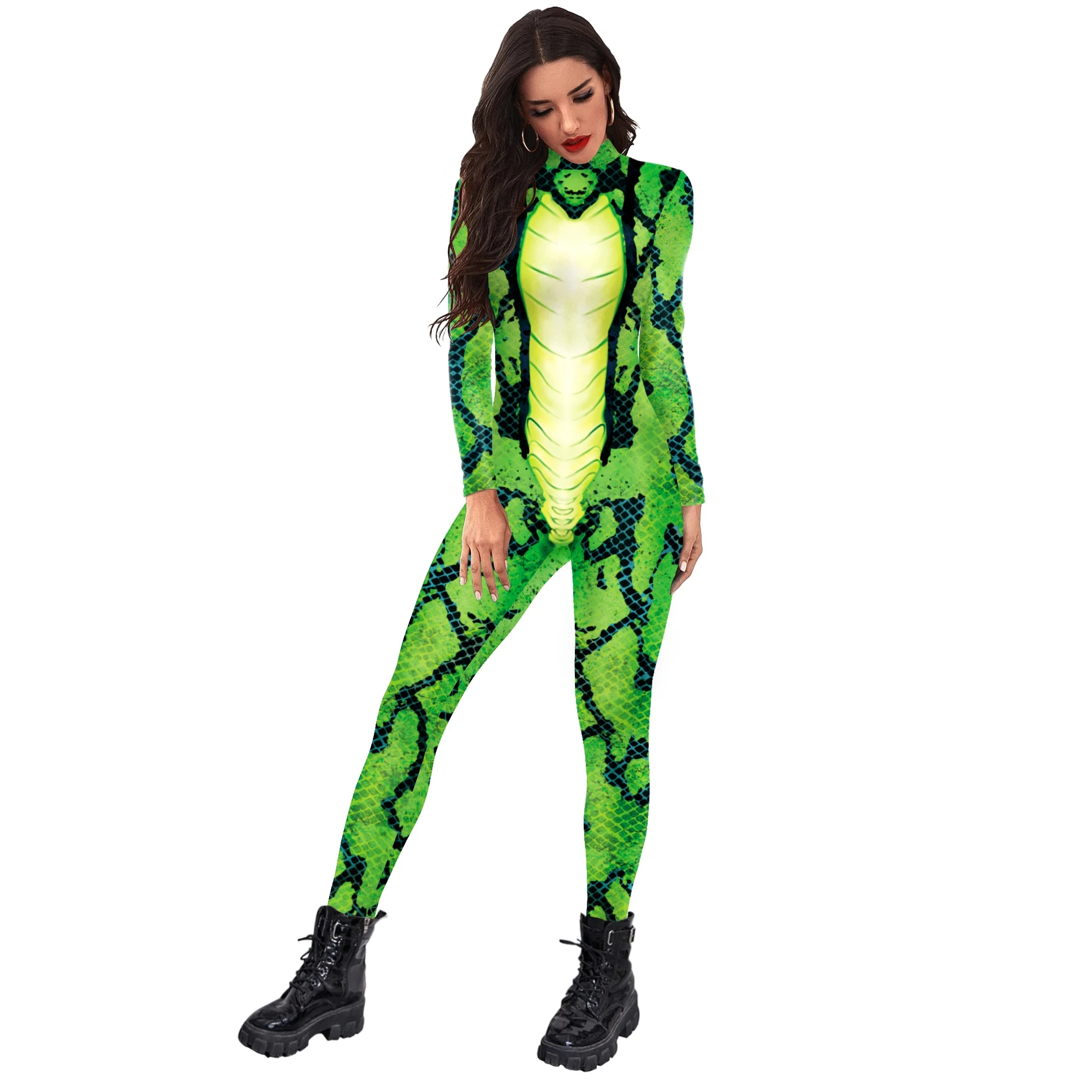 

New Green Python Cosplay High Elastic Bodysuit One-piece Tights 3D Animal COS series Snake Sexy Halloween Clothes Adult