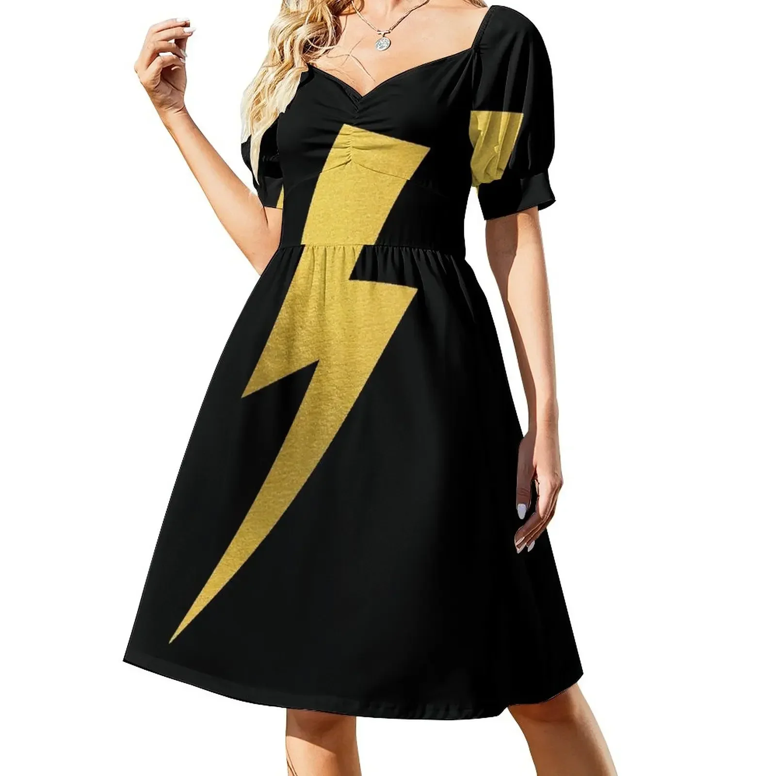 thumbnail image 1 of Vestido de manga corta con estampado de rayo dorado, ideal para festivales, noches y verano., 1 of 7