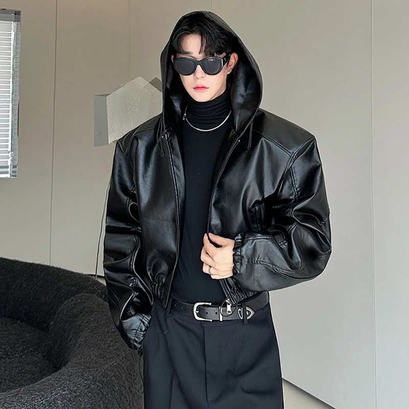 LUZHEN Elastic Hem Hooded Short Leather Jacket Elegance