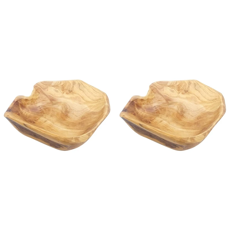 2X Wooden Fruit Salad Serving Bowl Hand-Carved Root Bowls Creative Living Room Real Wood Candy Bowl 15-19Cm