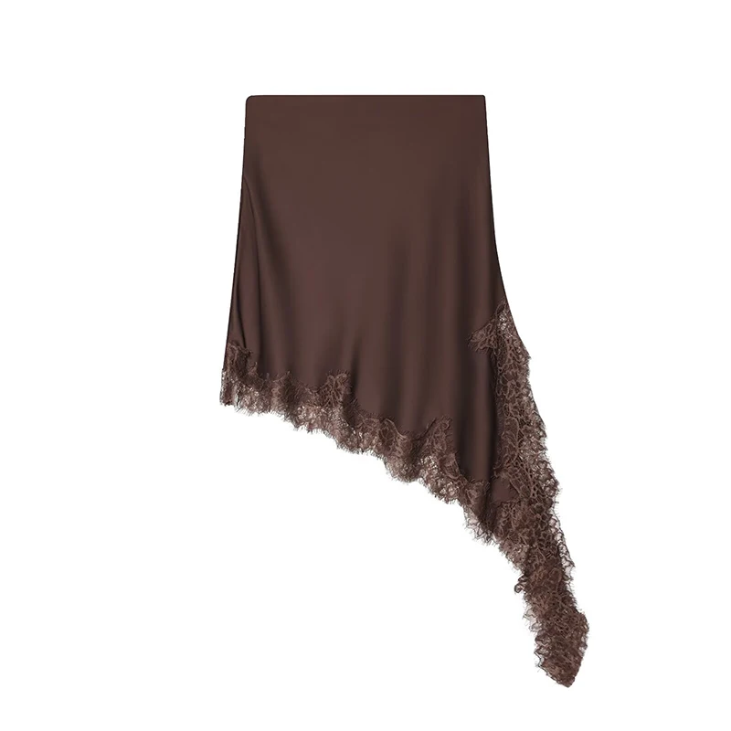 Asymmetry Lace Splicing Long Skirts For Women 2025 New Fashion Satin Elegant Midi Skirt Street Casual Holiday Skirts ﻿Mujer