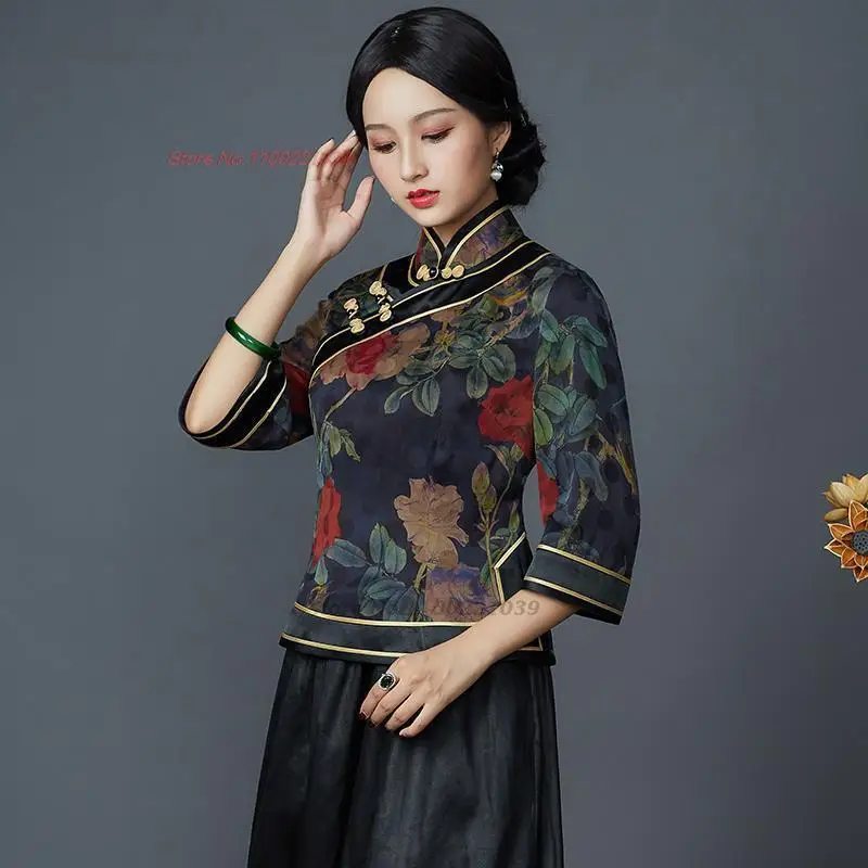traditional chinese improved cheongsam retro qipao shirts national flower print satin blouse elegant oriental tang suit