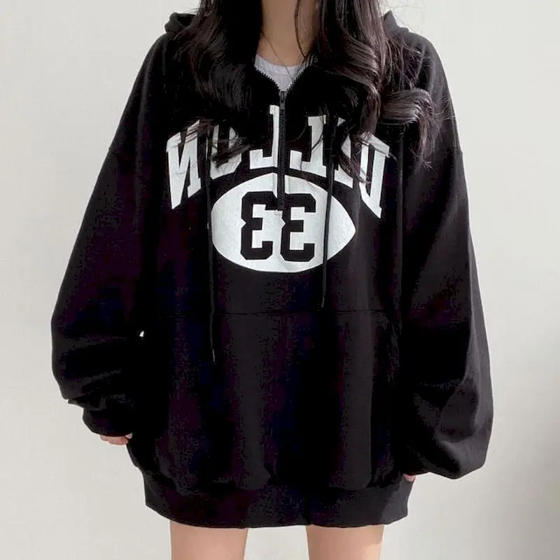 

Harajuku Anime Women's Zipper Oversized Hoodies 2023 Autumn Winter Korean Fashion Graphic Hooded Sweatshirts Vintage Pullovers