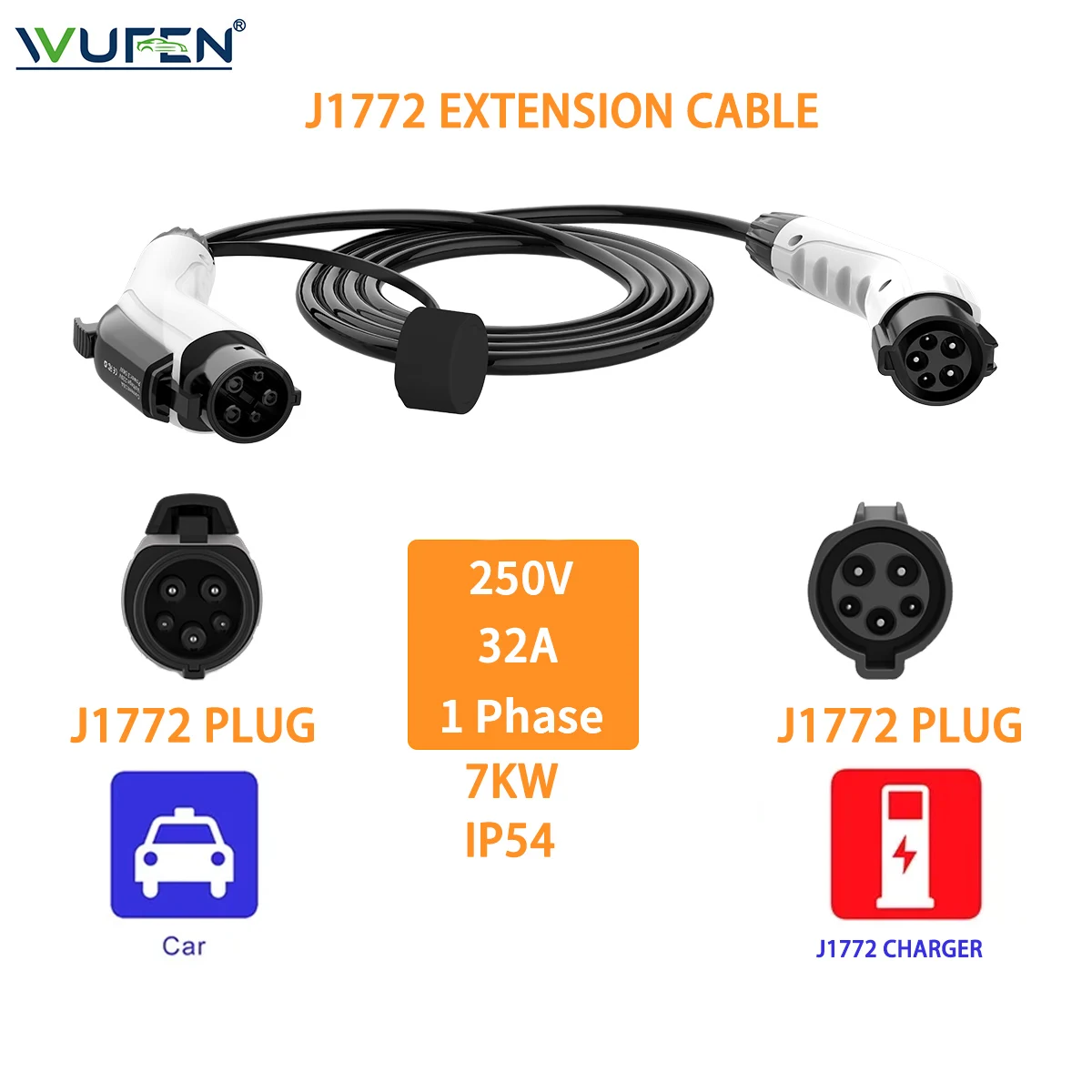 WUFEN 32A 2M/5M/10M Electric Vehicle J1772 Extension Cord Charging J1772 female plug to Type1 male PLug for electric vehicle 2