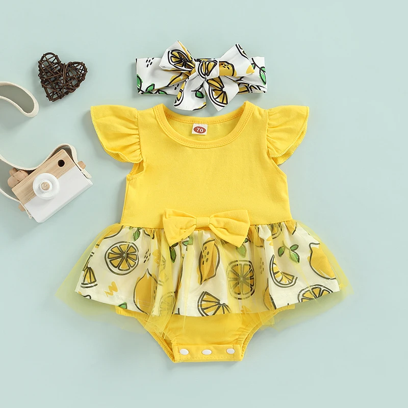 Cute Newborn Baby Girls Summer Outfit Romper Lemon Print Flying Sleeve