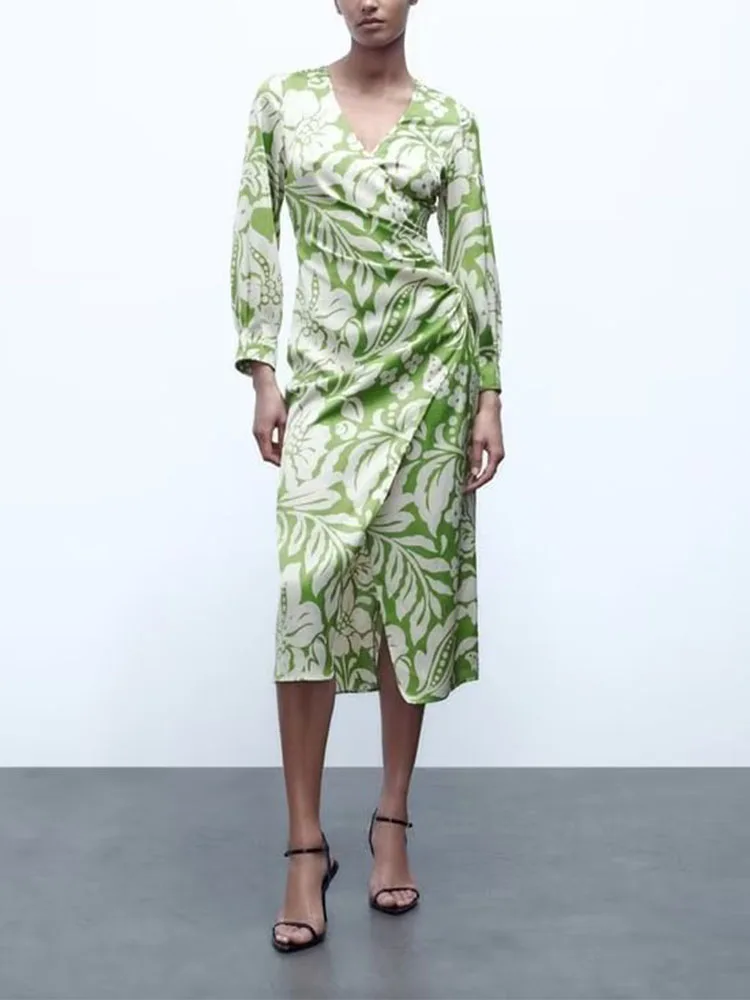 

Spring New Women's Asymmetric Satin Printed Herringbone Long Sleeve V-Neck Split Dresses