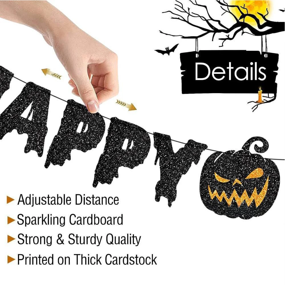 Runtow Happy Halloween Banner, Halloween Papier Hängegirlande Bunting Banner, Kürbis Flagge, Halloween Party Hintergrund Dekor – Detail 3