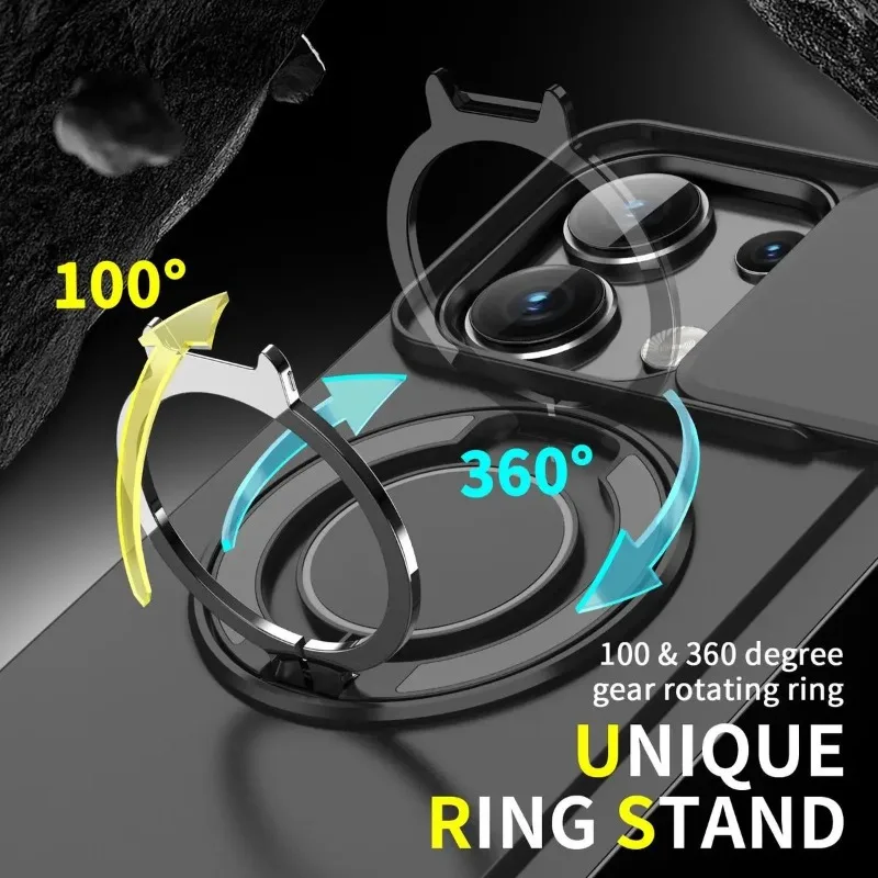 Enhanced Armor Case with 360° Rotating Magnetic Metal Ring and Car Holder - Shockproof with Slide Lens Protection