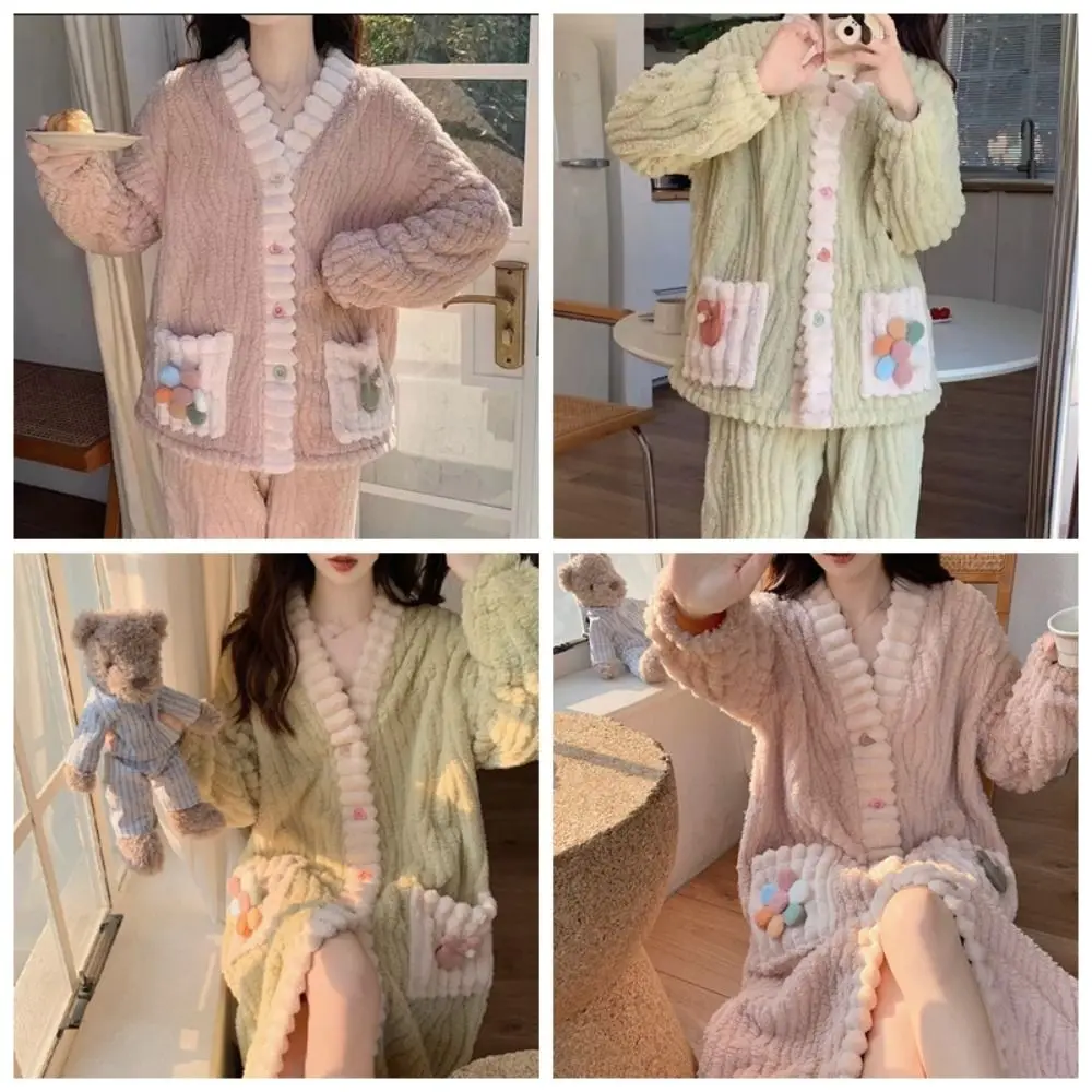 Sweet Thickened Women Sleepwear Nightwear Coral Fleece Warm Ladies Pajamas Homewear Soft Loungewear Cardigan Suit Autumn Winter