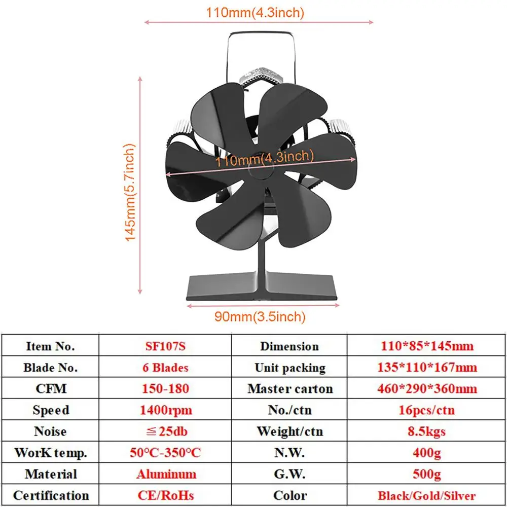 6 Blade Stove Fan Heat Powered Stove Fan Black Fireplace Fan Wood Burner  Home Fireplace Quiet Fan Efficient Heat Distribution