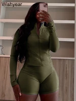 Tracksuit Sales Women Green Two 2 Piece Set Spring Fall Long Sleeve Zip Jacket Top and Shorts Suits Casual Fitness Jogger Outfit