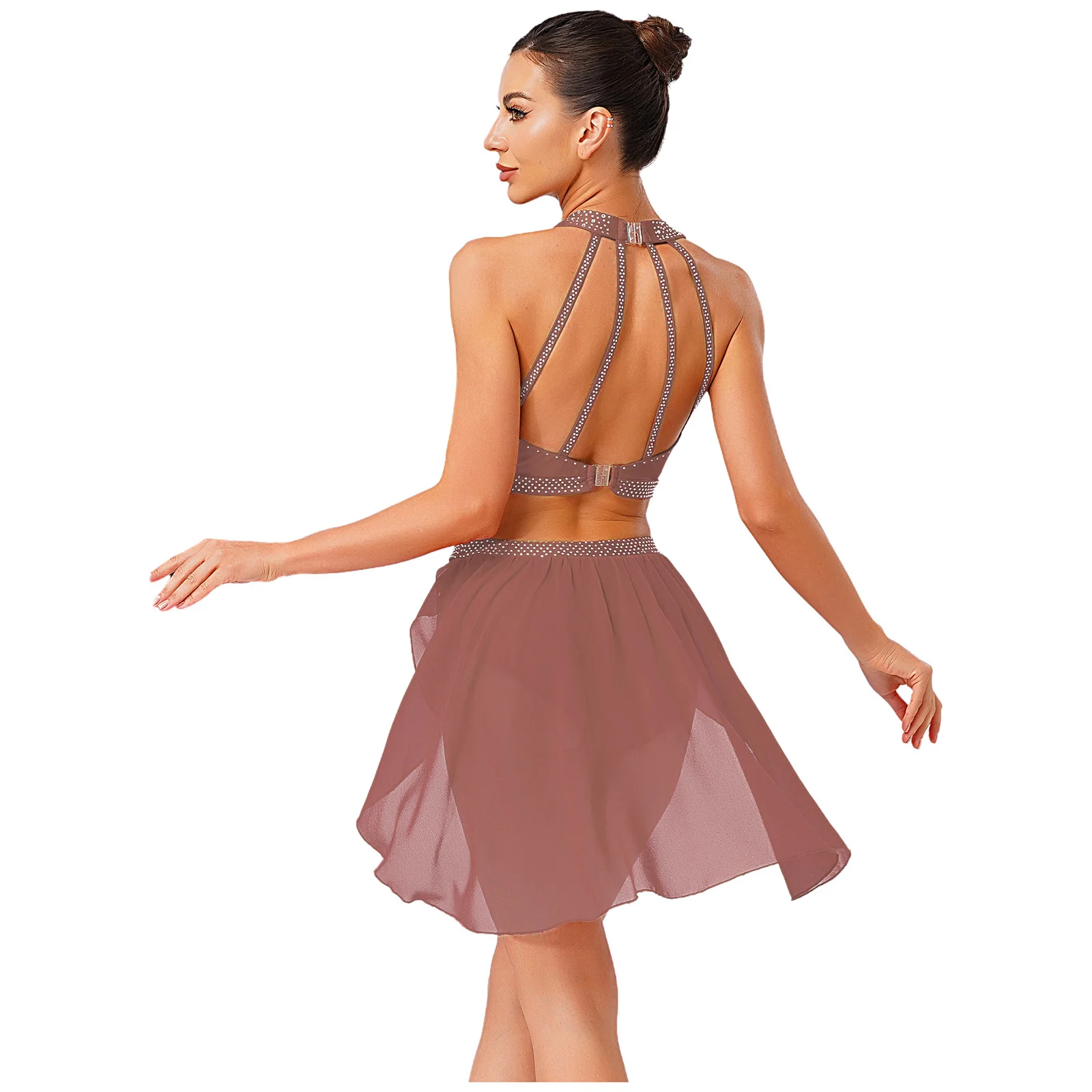 Damen Glänzendes Strass-Gymnastik-Kostüm für Eiskunstlauf, Lyrischen Tanz und Zeitgenössischen Ballett mit Crop Top und Rock – Detail 1