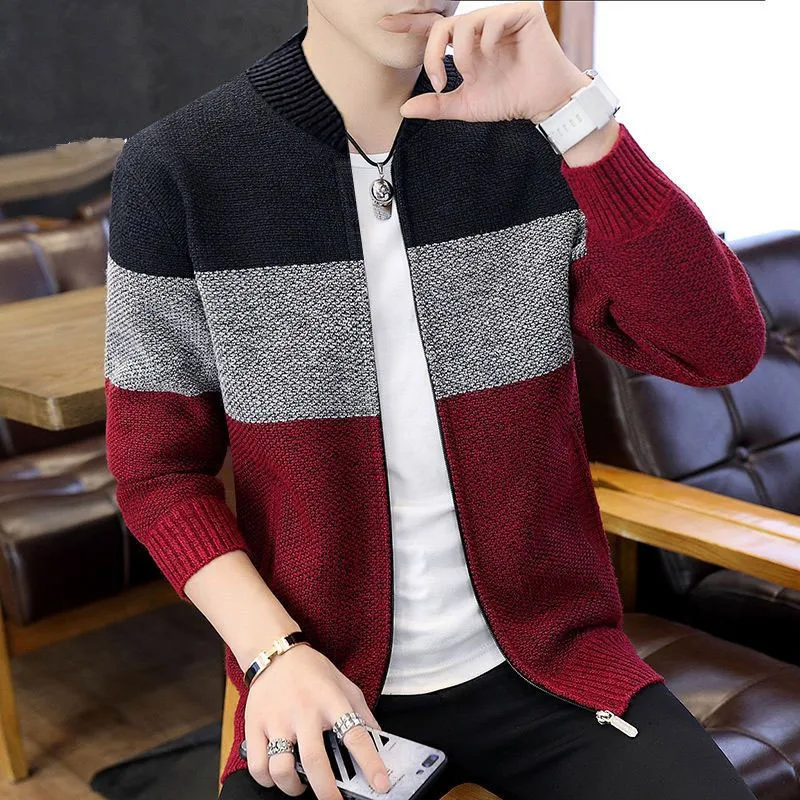 2023 Autumn and Winter Fashion Plush and Thickened Color Blocked Vertical Collar Zipper Versatile Long Sleeve Sweater Cardigan