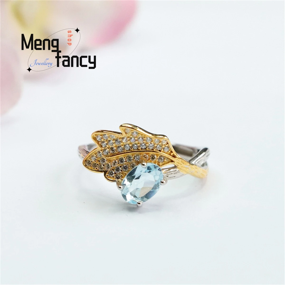 

Natural Topaz Inlaid With S925 Silver Leaf Egg Ring Simple Generous Personality Fashion Versatile Men Women Jewelry Holiday Gift
