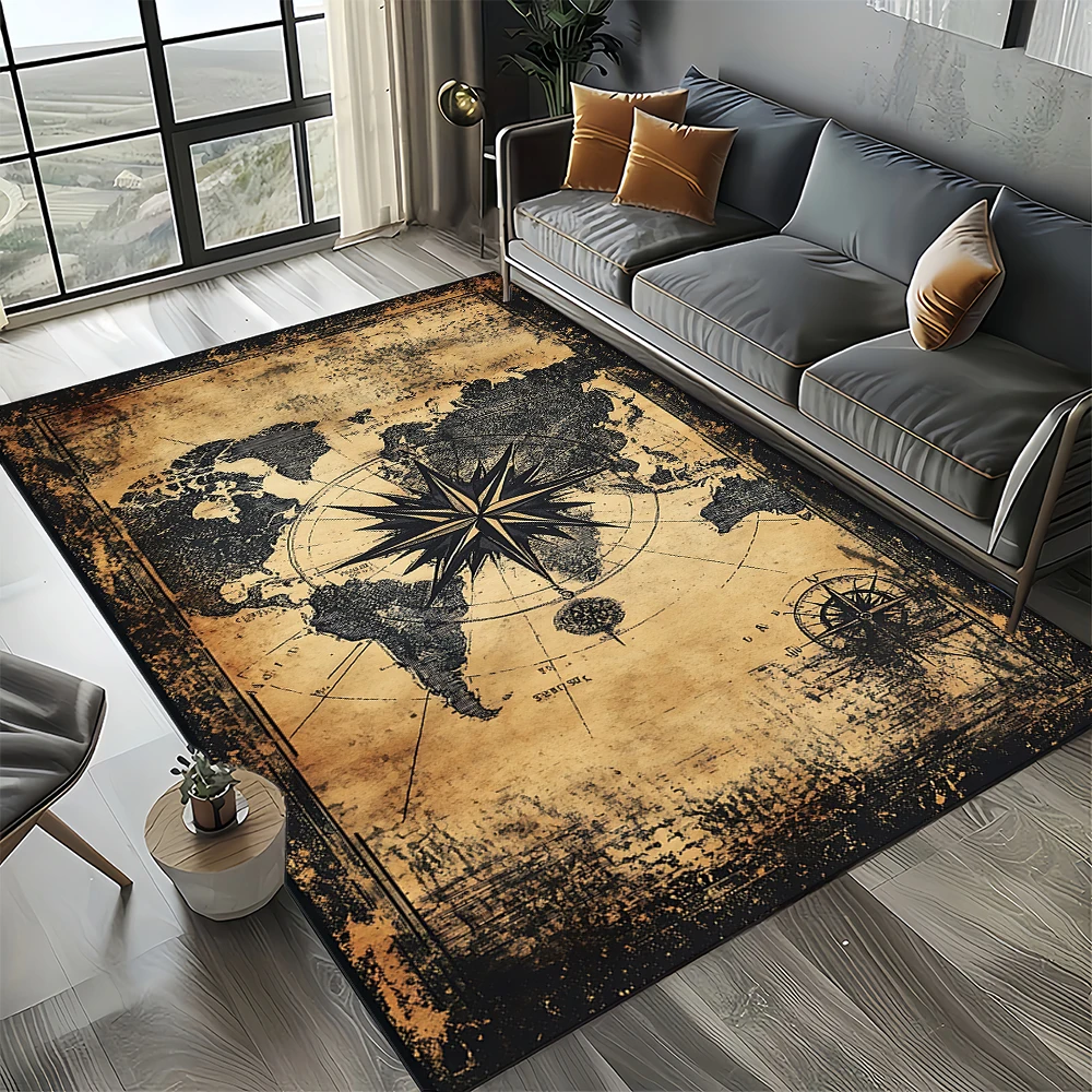 Nautical Map Rug – Retro Marine Compass Carpet | Non Slip Floor Mat for Living Room