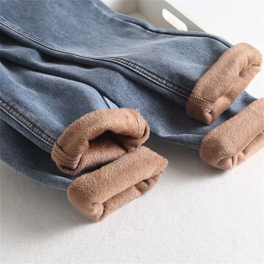 2022 Winter Cashmere Super Warm Jeans Women Mid Waist Snow Wear Thick Plus Velvet Denim Pants Casual Blue Skinny Pencil Vaqueros