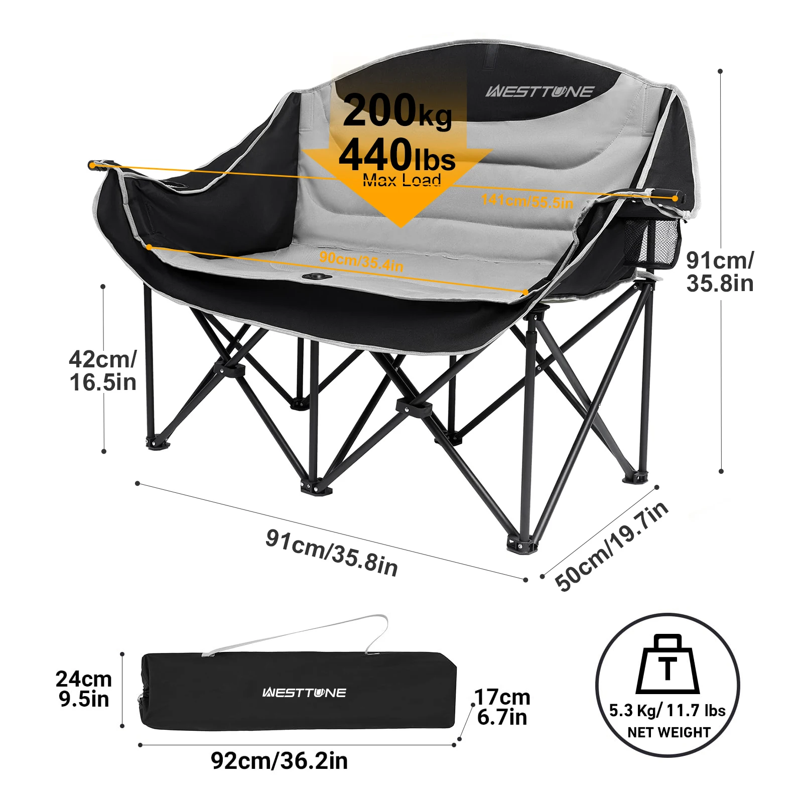 WESTTUNE Oversized Outdoor Couch Double Camping Chair Heavy Duty Outdoor Garden Folding Chair with Cup Holder Support 440 lbs 2