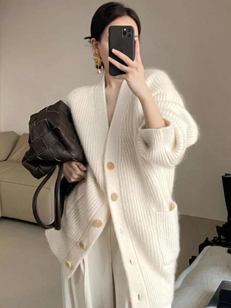 여성용 화이트 포켓 V넥 니트 가디건, 따뜻한 긴 소매, 루즈한 싱글 브레스트 스웨터 코트, 심플한 패션, 가을 겨울