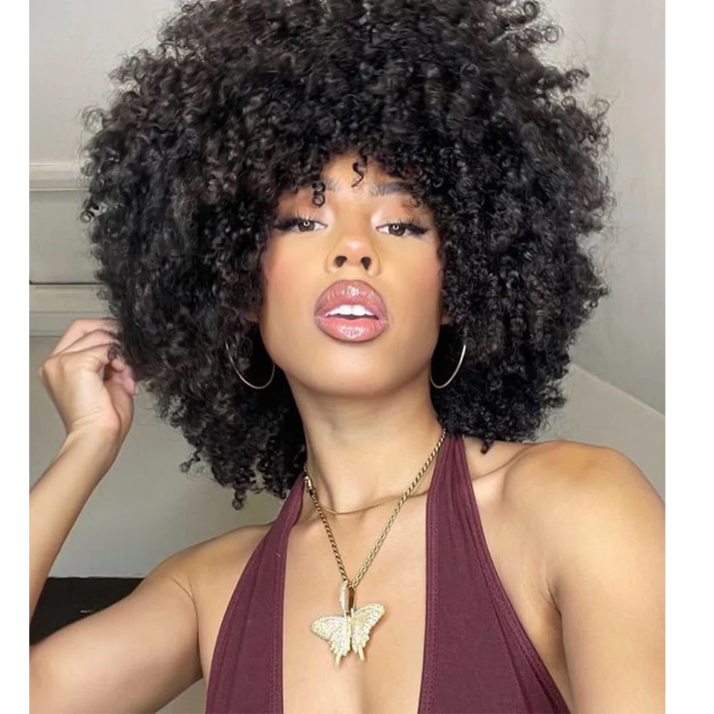 Short Nature Afro Wig High Puff Afro Curly Wigs With Bangs Natural Synthetic Hair For Black Woman Heat Resistant Daily Use mens short wig brown wig for daily use fashion wig synthetic wig nature looking