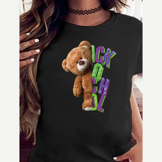 Fashion Bear Print Women T-Shirt Harajuku Round Neck Casual Loose Short Sleeve Summer Slim Soft Tops Clothing Hip Hop Streetwear 3bear023