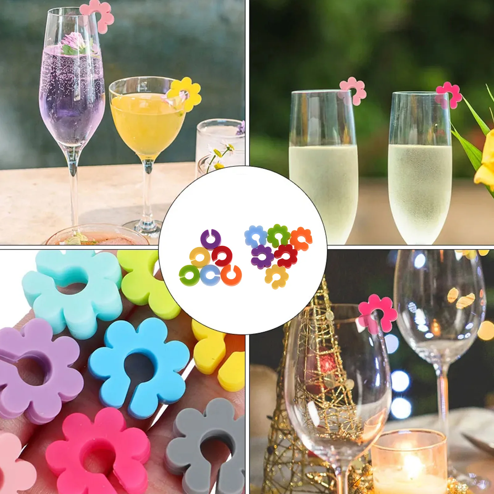 12Pcs Colorful Wine Glass Marker Silicone Drinking Glass Identification Tag Cup Label Home Kitchen Bar Party Wedding Table Decor