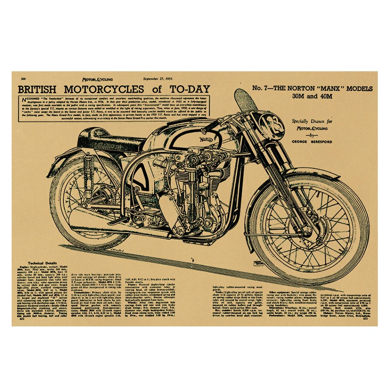 1pc Motorcycle Retro Kraft Paper Poster Sketch Home Decor Painting Wall Stick