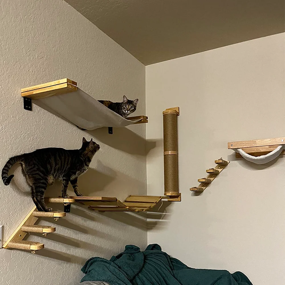 

Cat Tree Climbing Shelves Wall Mounted Cat Hammock Wooden Scratching Post and Jumping Platform Cats Grinding Claws Cat Supplies