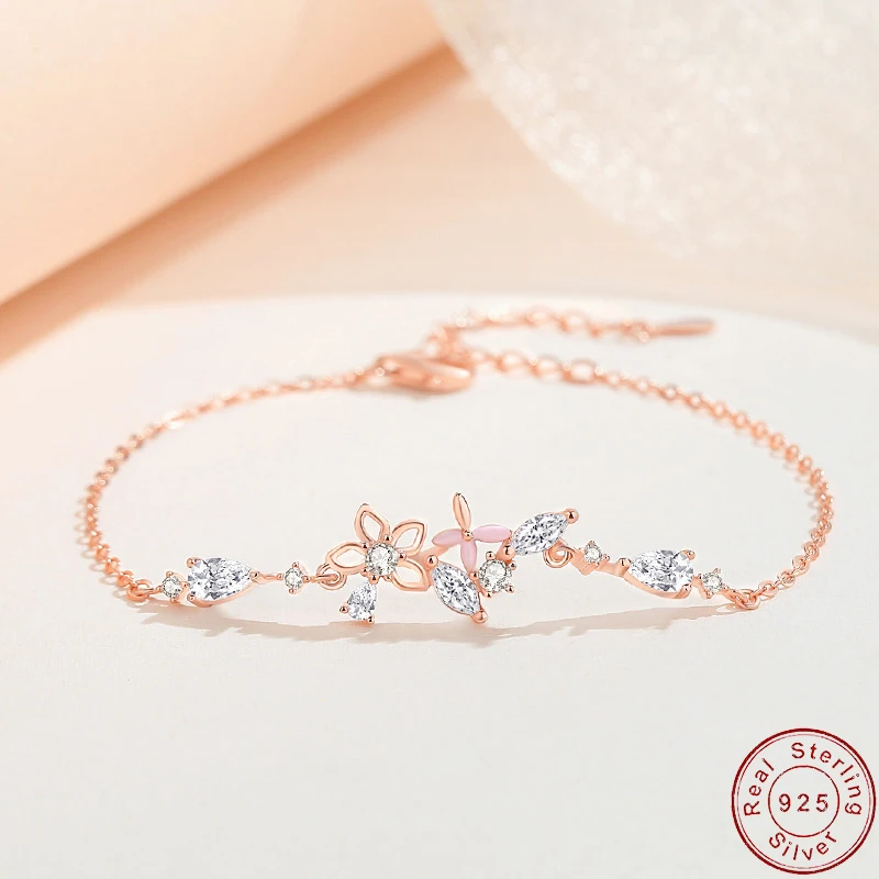 

JIALY 925 Sterling Silver Pink AAA CZ Cherry blossoms Bracelet For Women Birthday Party Gift Wedding Jewelry