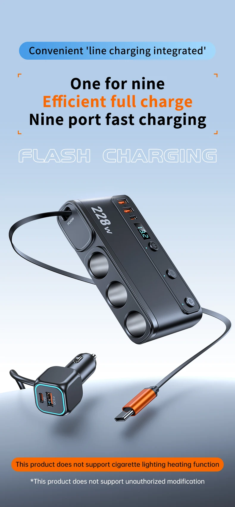9 in 1 Cigarette Lighter Splitter 228W USB C Car Charger Adapter QC3.0 With PD45