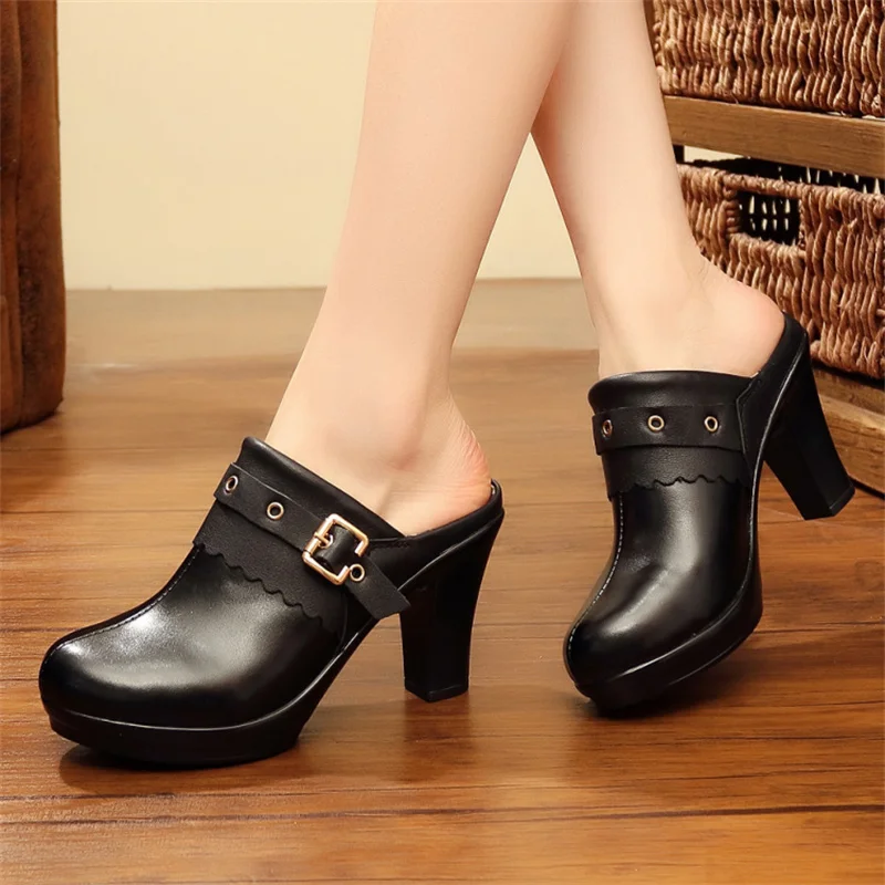Fashion Women Pumps Slippers Ladies Female Slides Shoes Sandals 2022 Indoor Shopping Mall High-Heeled Slippers Genuine Leather