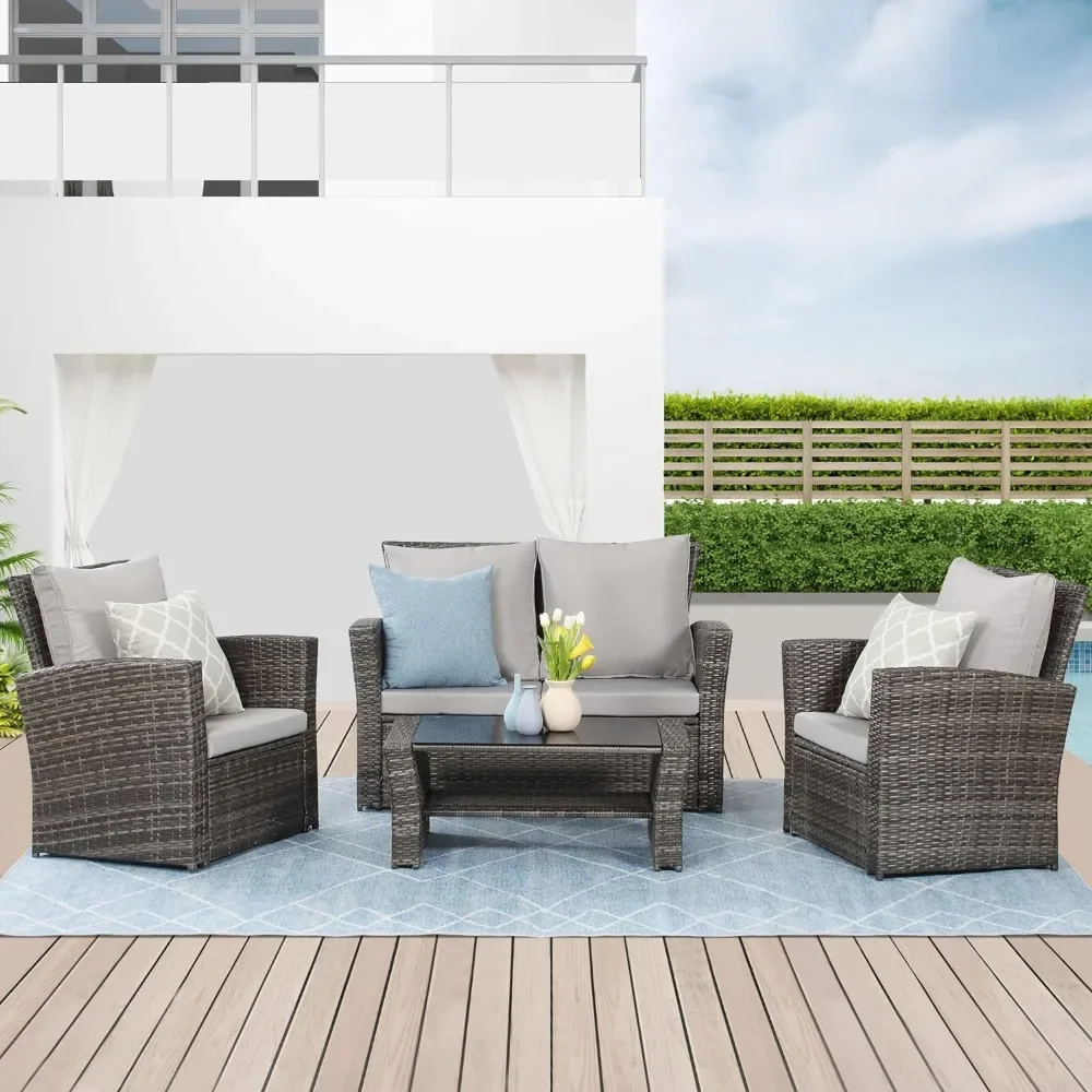 

Wicker Conversation Set for Porch Deck Camping Gray Rattan Sofa Chair With Cushion Igt Camping Table Patio Furniture Outdoor Set