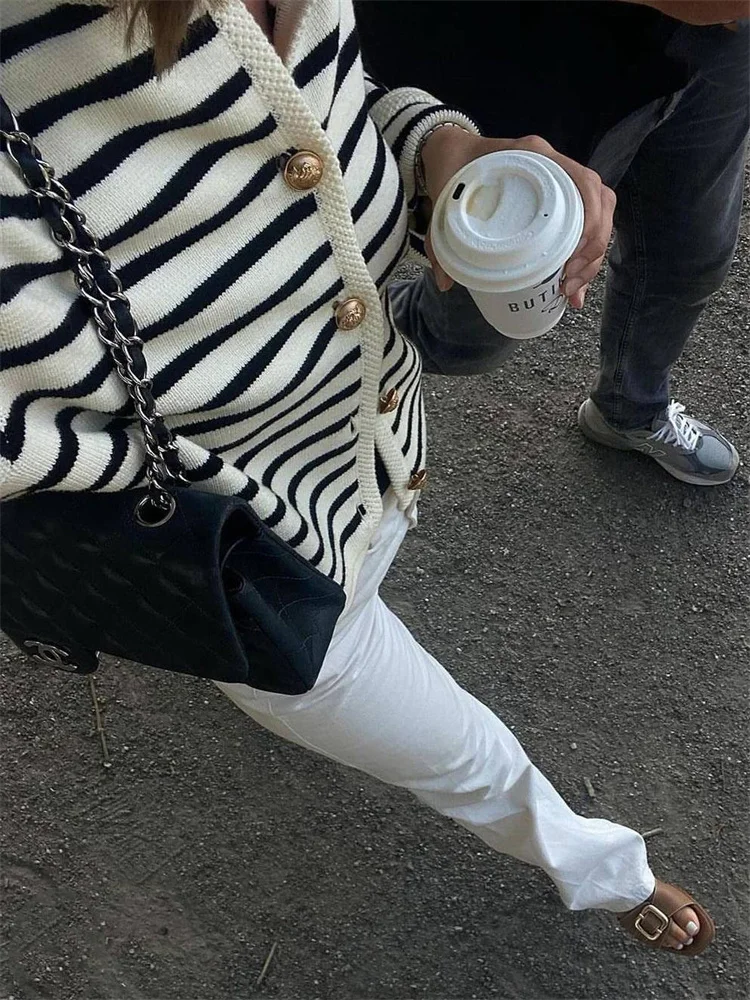 Suéter de punto a rayas, cárdigan, abrigo para mujer, suelto, de manga larga, a la moda, ajustado, con parches en contraste, prendas de vestir exteriores, abrigo de punto de verano