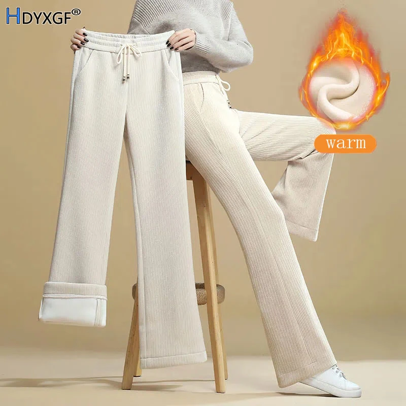 

Autumn Winter Drawstring Thicken Loose Bell-bottom Women High Waist Stripe Drooping Wide Leg Pants Korean Fashion Streetwear New