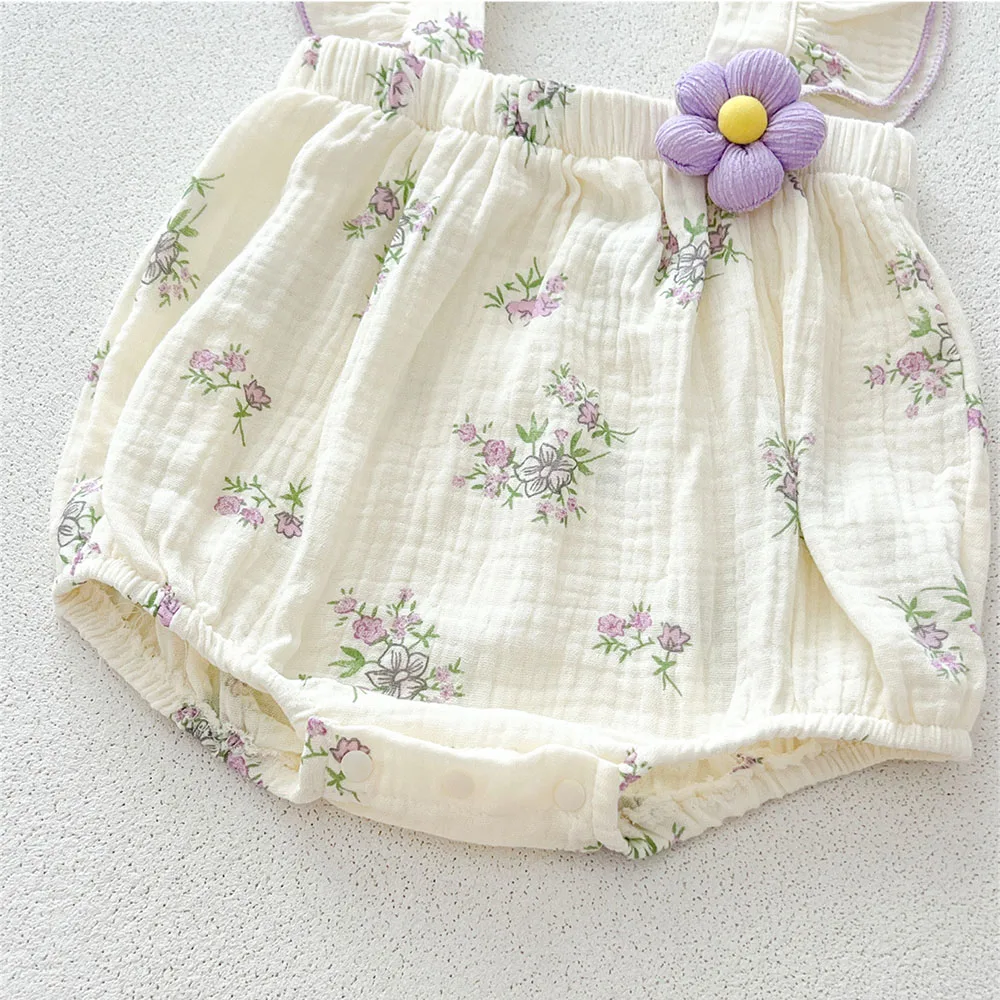Summer Baby Girls Linen Bodysuit Floral Print One Piece
