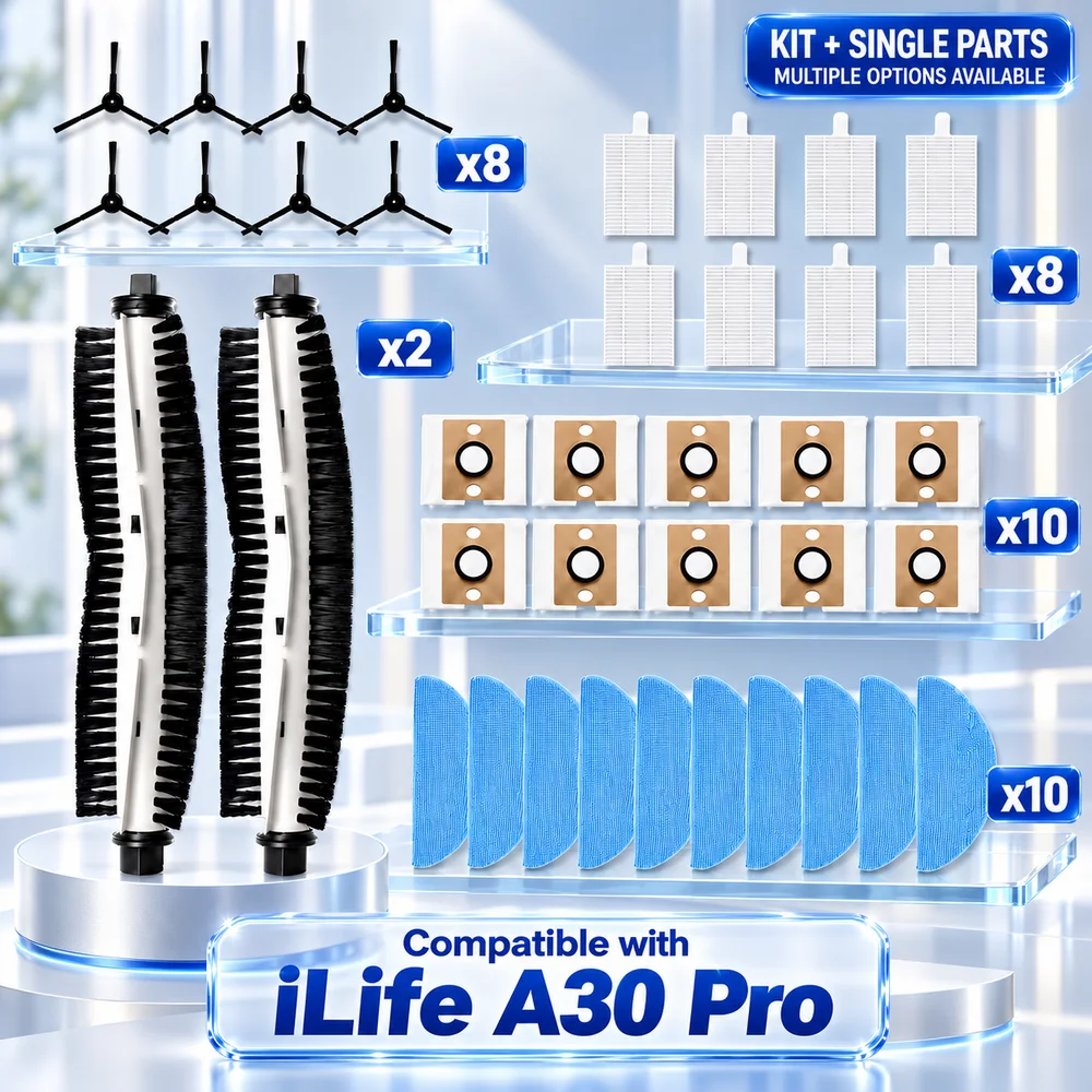 Kompatibel mit ILife A30 Pro Ersatzteil-Set, Hauptbürste, Seitenbürste, HEPA-Filter, Mopp, Staubbeutel, 5000pa, Odkurzacz Akcesoria