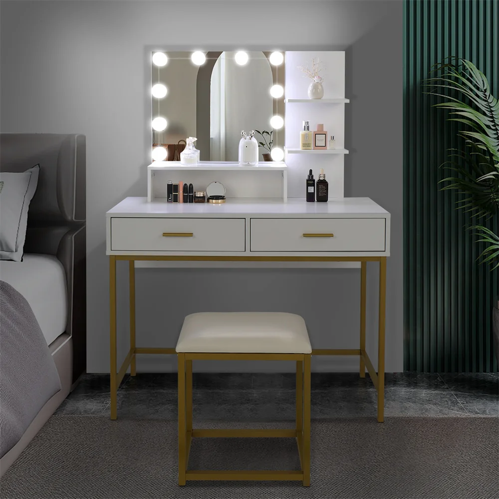 Vanity Set with 10 Hollywood LED Light Bulbs,Makeup Table with Stool and Mirror 