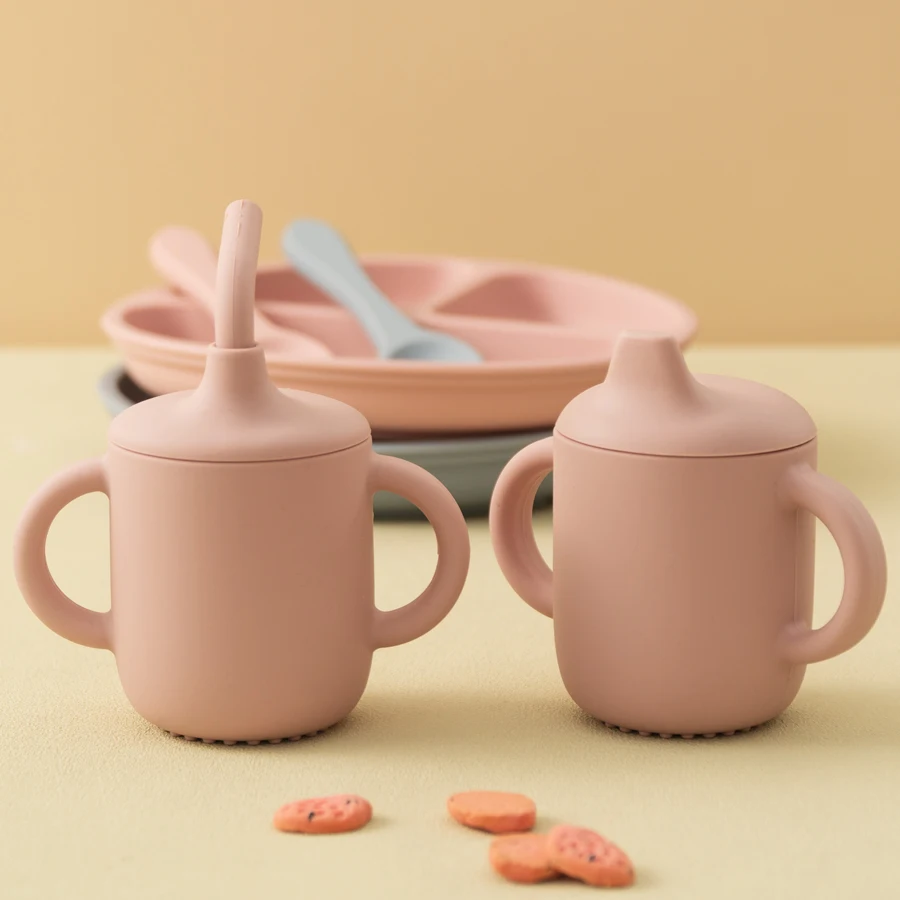 실리콘 시피 컵 이중 뚜껑 물병, 어린이 휴대용  식기,  수유 학습 용품, BPA 프리, 1 개