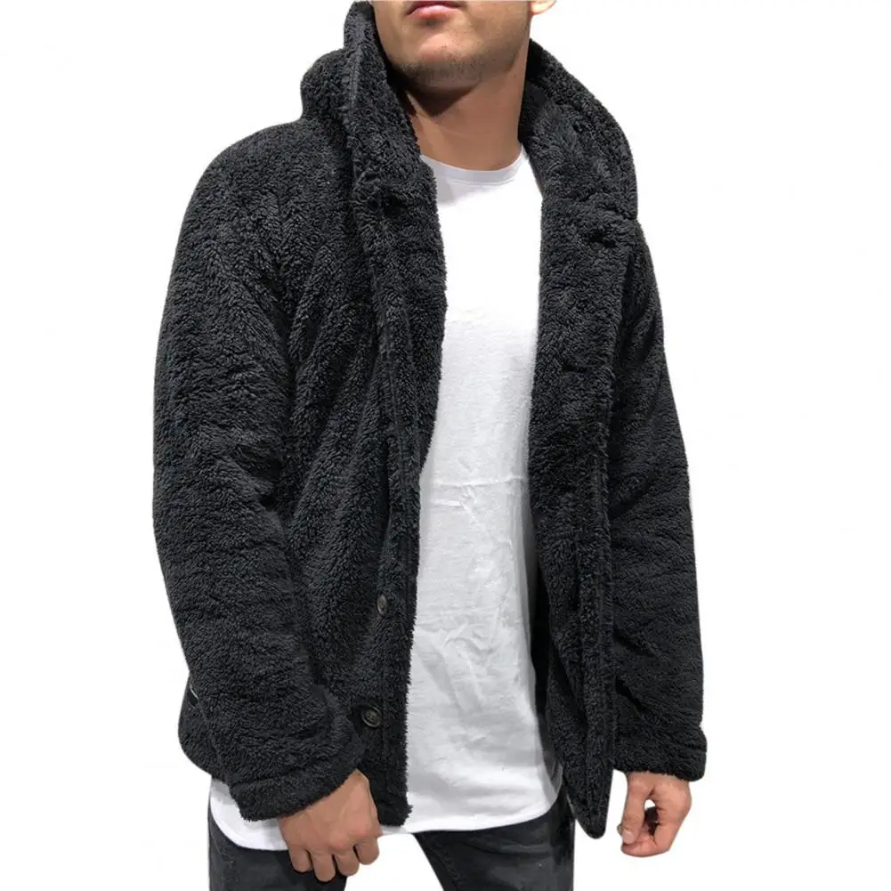 

Men Winter Coat Men's Winter Hooded Coat Thick Warm Outerwear with Fluffy Fleece Long Sleeve Button Closure Solid Color Men Coat