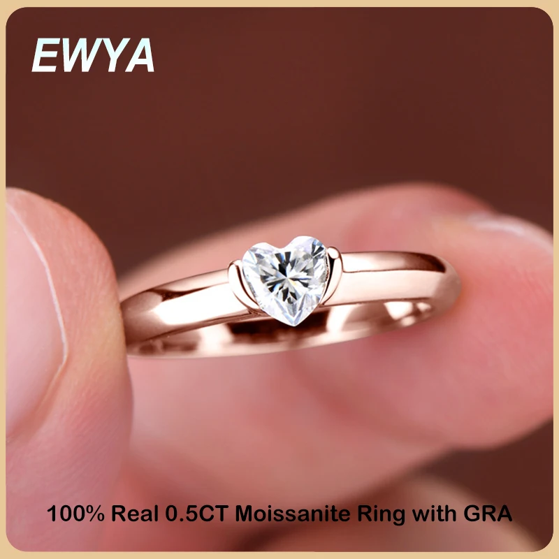 

EWYA Trendy D Color 0.5CT 5mm Heart Cut Moissanite Engagement Ring For Women S925 Silver Plated 18K Rose Gold Diamond Rings Band