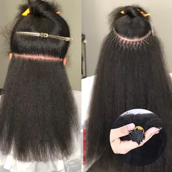 Extension per capelli I-Tip lisci e crespi in capelli umani # Extensioni di Capelli Umani Remy Pre-Bonded con Micro Anelli 1B Nero Naturale 1g/Monofilo