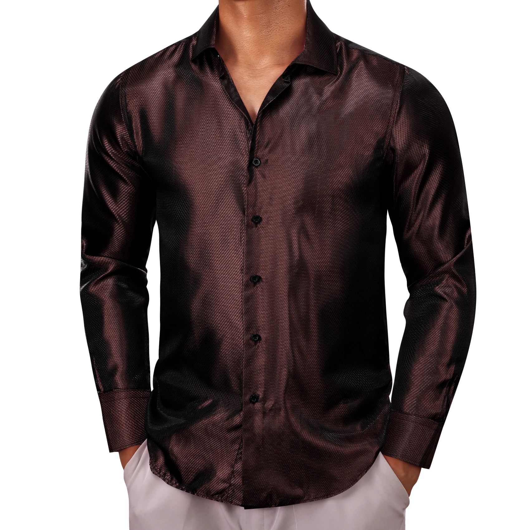 

Luxury Shirts for Men Silk Long Sleeve Dark Red Brown Solid Plain Slim Fit Male Blouses Lapel Tops Brtathable Barry Wang