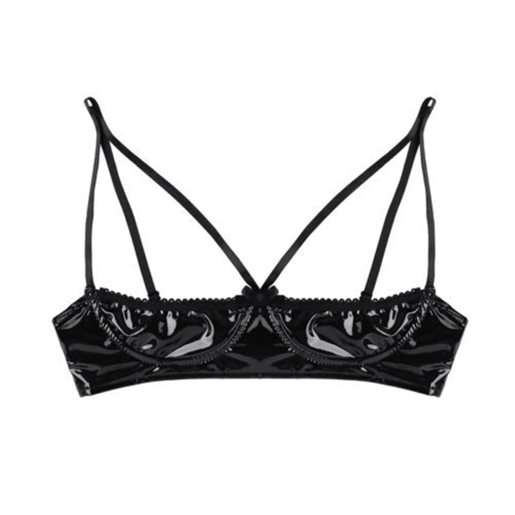 Women Open Cup Bralette Wet Look PU Bra Wire-Free Bustier Clubwear Lingerie Sleeveless Corset Top Night Club Erotic Wear