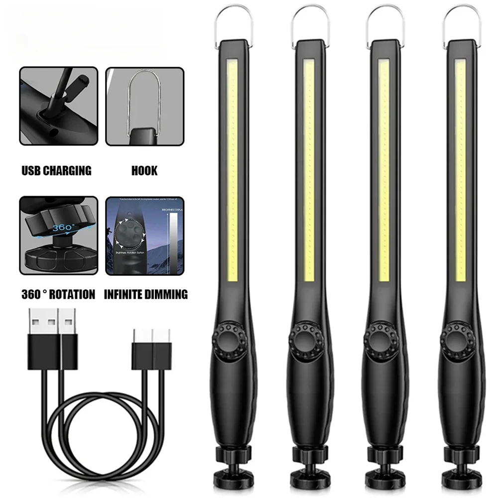 USB 충전식 COB LED 손전등, 마그네틱 작업등, 강력한 휴대용 랜턴, 내장 배터리, 3000Mah 캠핑 토치 램프