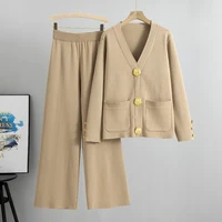 Elegant V-neck  Long Sleeve Sweater Cardigan +wide Leg Pants 2 Piece Sets Womens Spring Solid Color Casual Sweatshirts