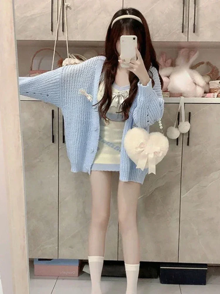 Winter Korean Elegant Three-piece Set Women Bow Knitted France Casual Skirts Set Female Warm Sweet Designer Vintage Skirts 2024