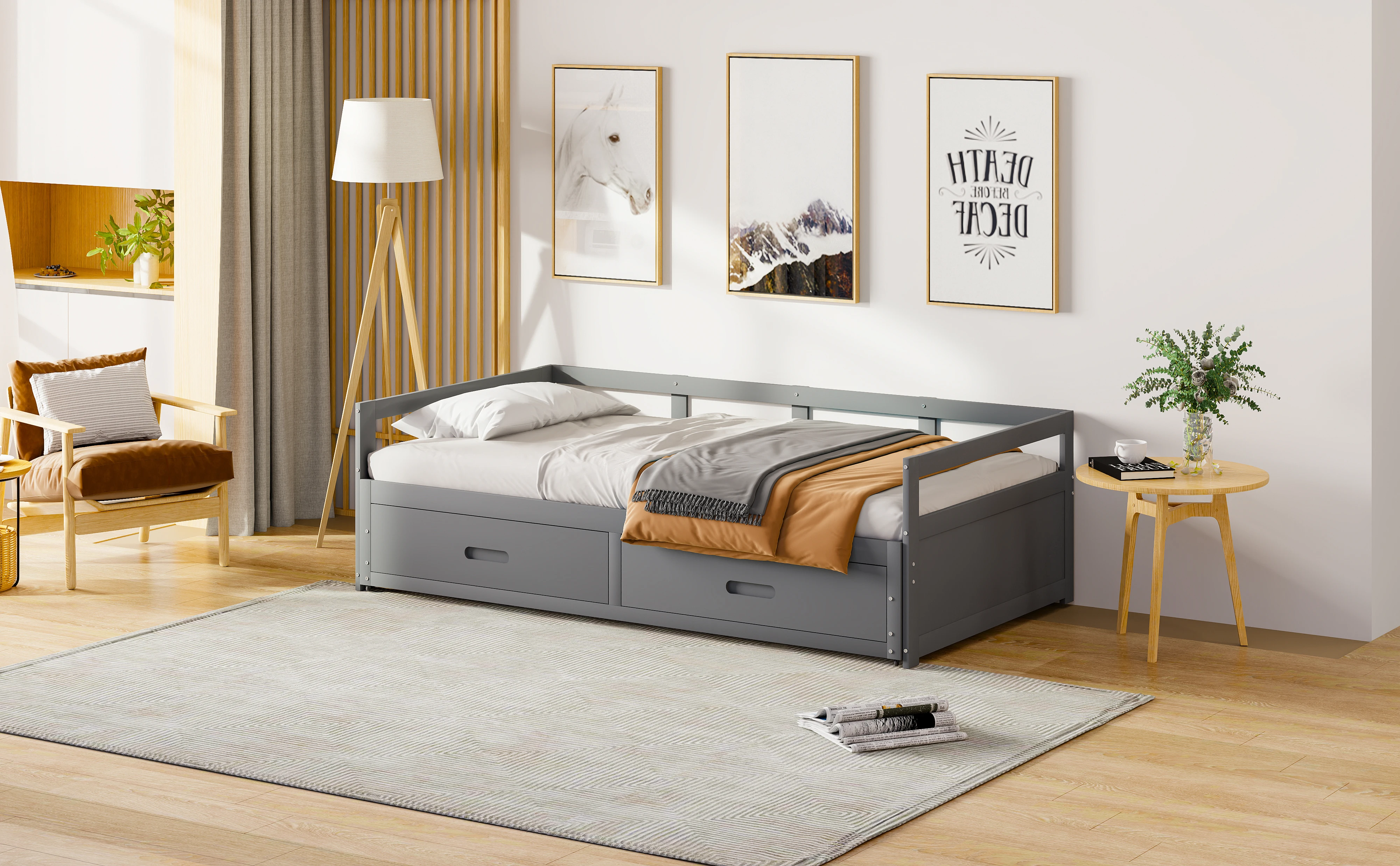 Ausziehbares Schlafsofa 90/180*200 cm mit Schubladen und Lattenrost, Kiefernholzbett mit Stauraum, grau – Detail 10