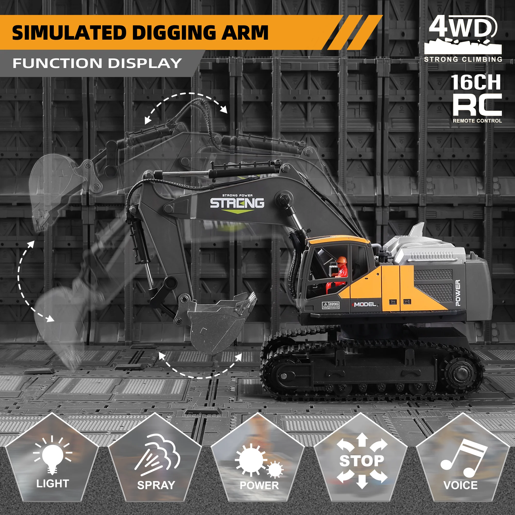 ZWN 16CH Remote Control  With LED Lights Music Professional RC Model Excavator Alloy Simulation Construction Vehicle Toys Gifts 2