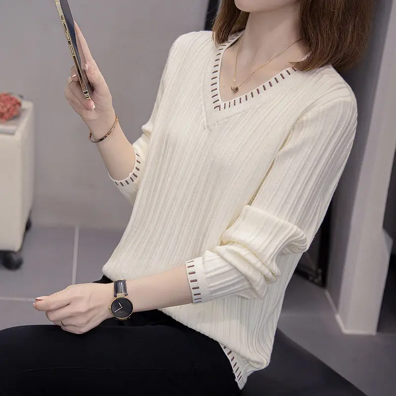 Women Clothing Autumn Winter V neck Sweater Women Twist Thread Solid Color Sweater Loose Top main image 1